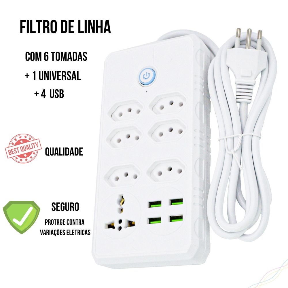 Régua Filtro de Linha com 7 Tomadas Extensão Elétrica 1 Universal 4 USB Bivolt 10A 110v/22...