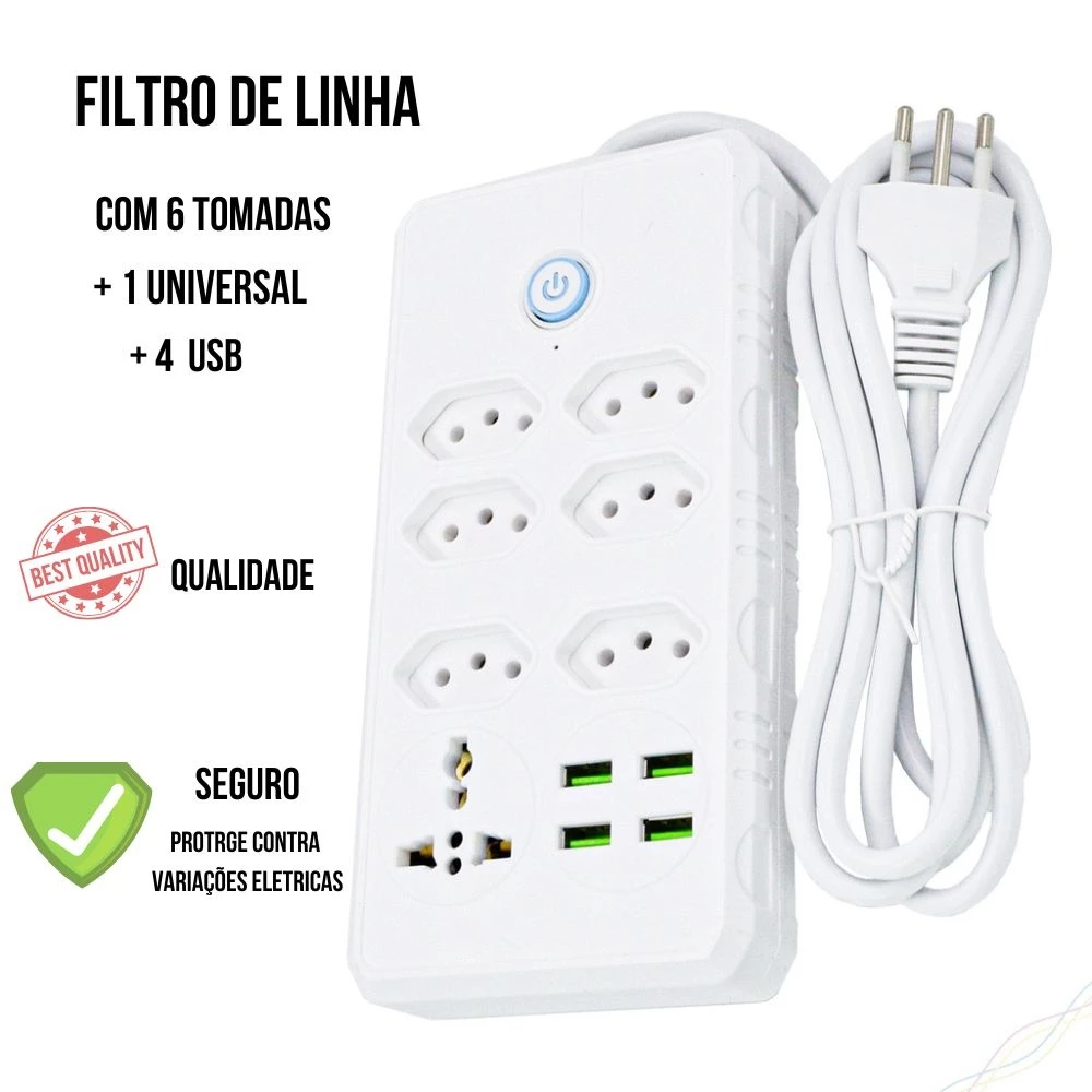 Régua Filtro de Linha com 7 Tomadas Extensão Elétrica 1 Universal 4 USB Bivolt 10A 110v/220v Cabo de 2 Metros Seguro e confiável — imagem 1