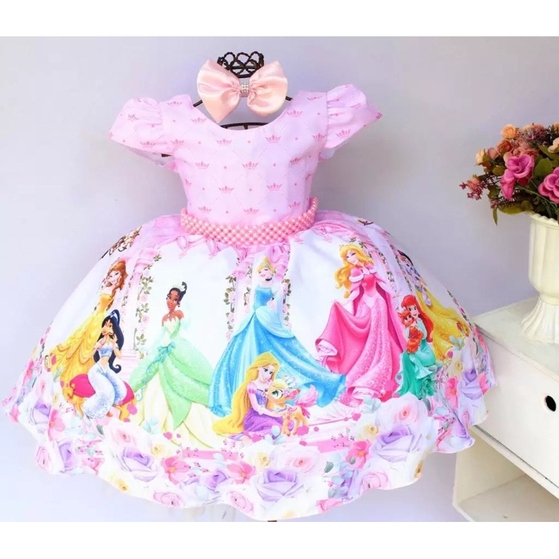 Vestido de Festa Infantil Luxo Princesas Com Tiara