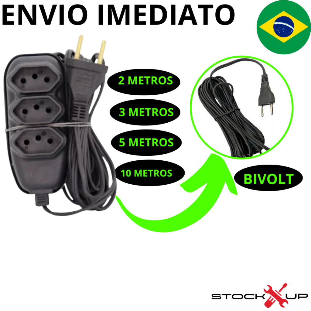 Extensão elétrica 2, 3, 5 e 10 Metros Extensão de Energia 3 Tomadas Compacta