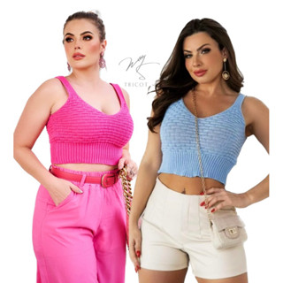 KIT 2 PEÇAS Cropped tricot esteira feminino alcinha moda blogueira feminino tricô verão top