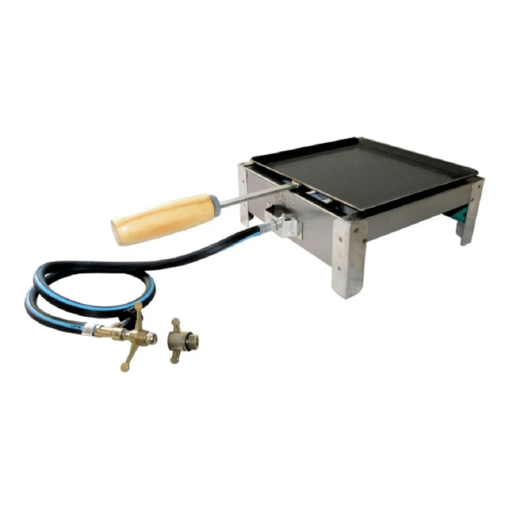 Fogão fogareiro Inox Alta Pressão Portátil 1 Boca Kit Gás Completo 25x25 Com Chapa Carbono Pesca Camping Caminhão Laser