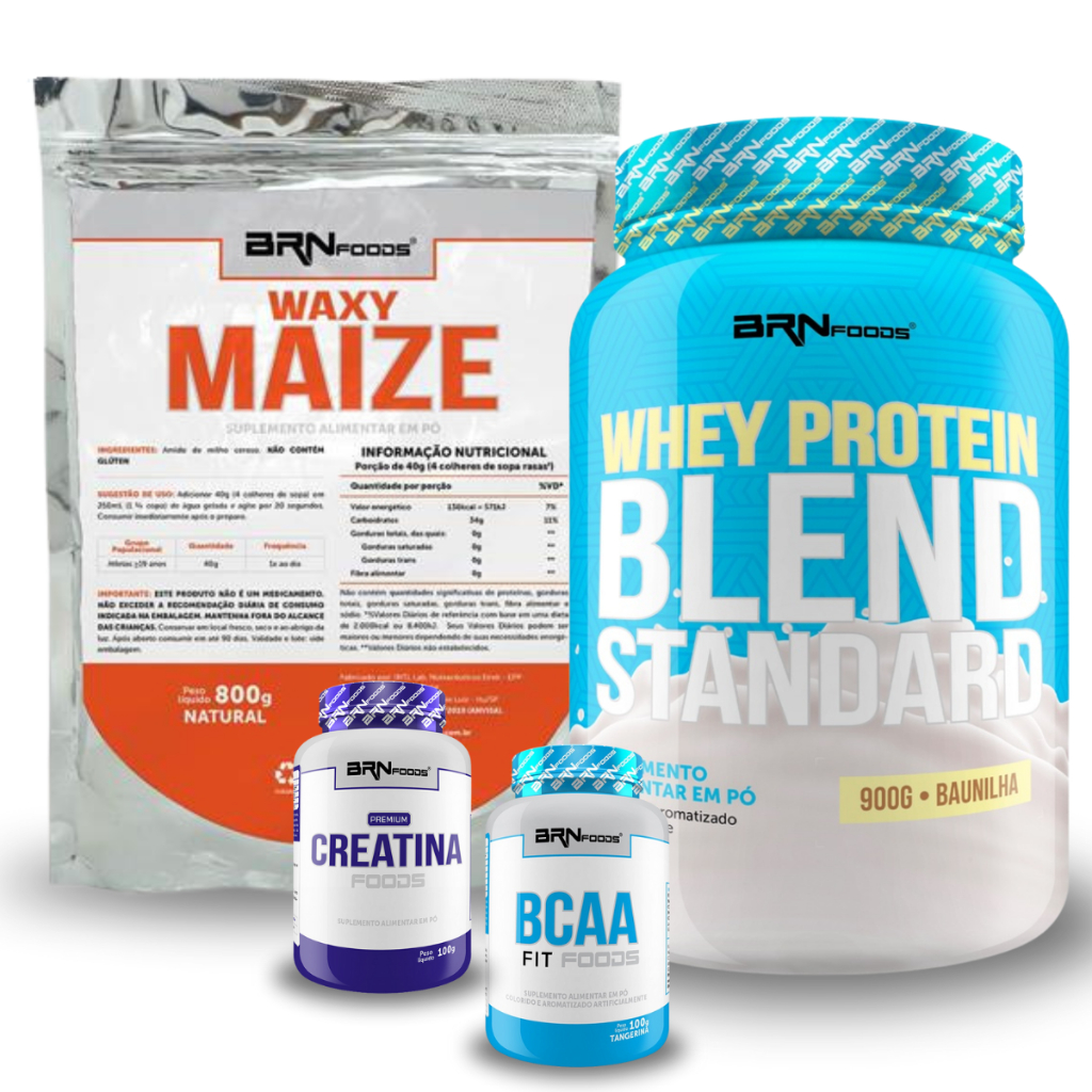 Kit Whey Protein Blend Standard 900g + Waxy Maize Foods 800g + Premium Creatina 100g + BCAA 100g - BRN FOODS Suplementos Para Definição e Performance