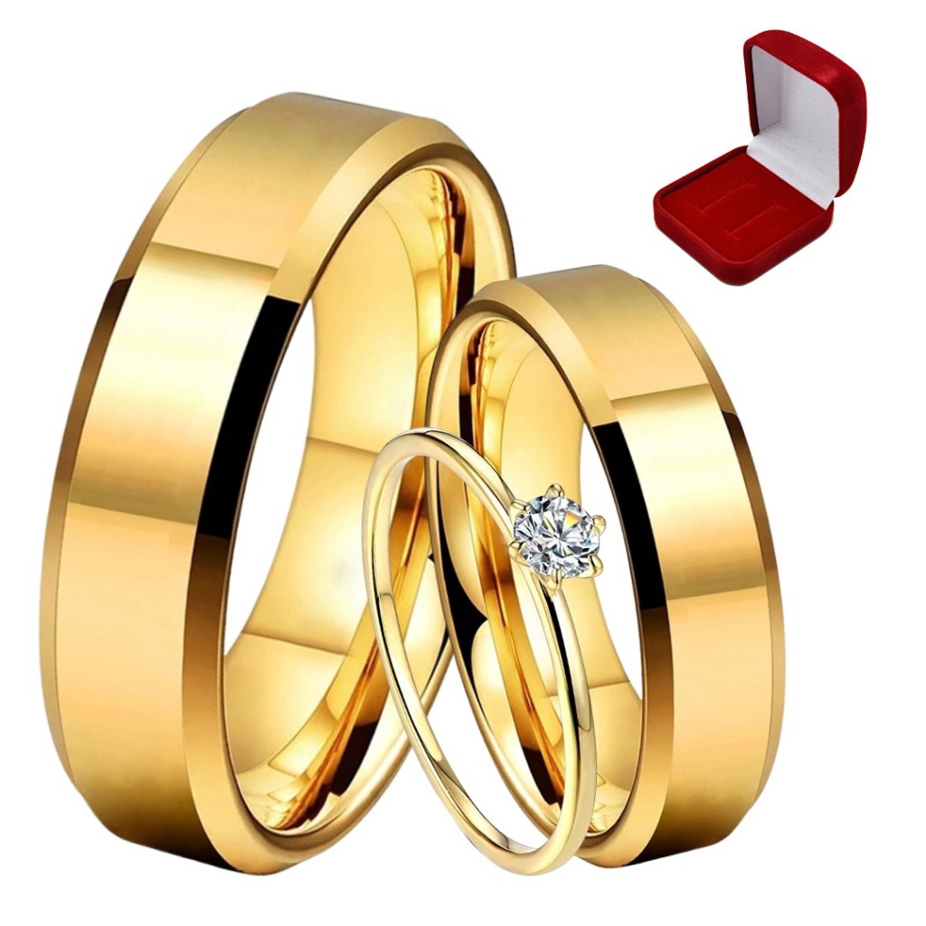 Par De Alianças De Casamento Grossa 6mm Noivado Casal Chanf Anel Dourado Banhada a Ouro 18K Original