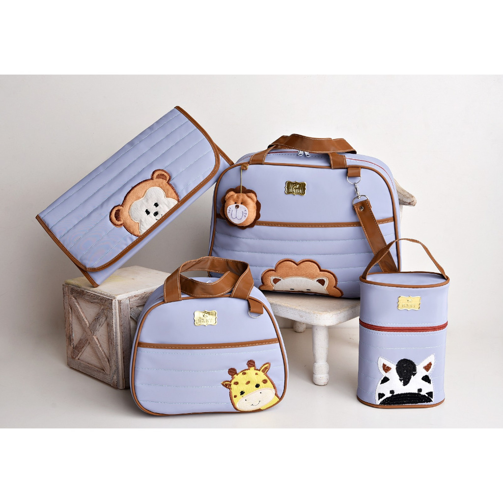 Kit Bolsas de Bebê 4 Peças Maternidade Família Safari + Pingente Bichinhos