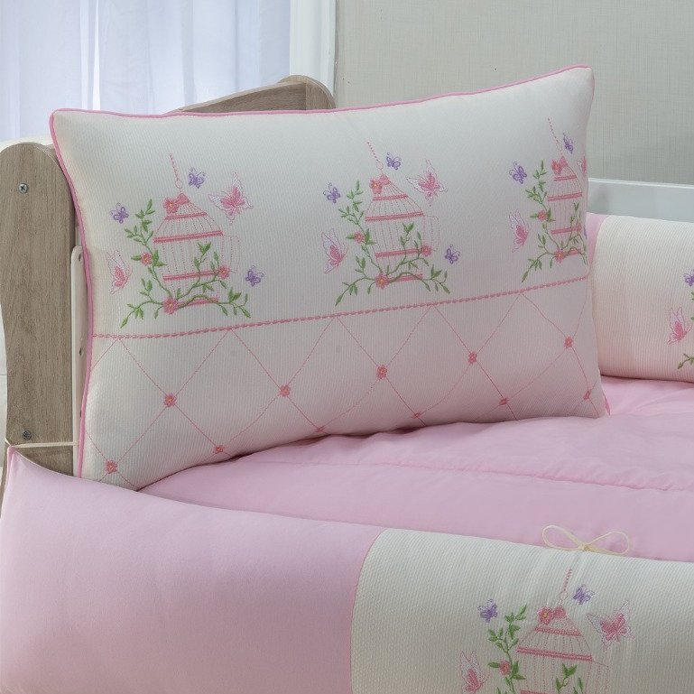 KIT PARA BERÇO  MENINA FLORAL GAIOLA ROSA 8 PEÇAS COM SAIA DE BERÇO BARATO