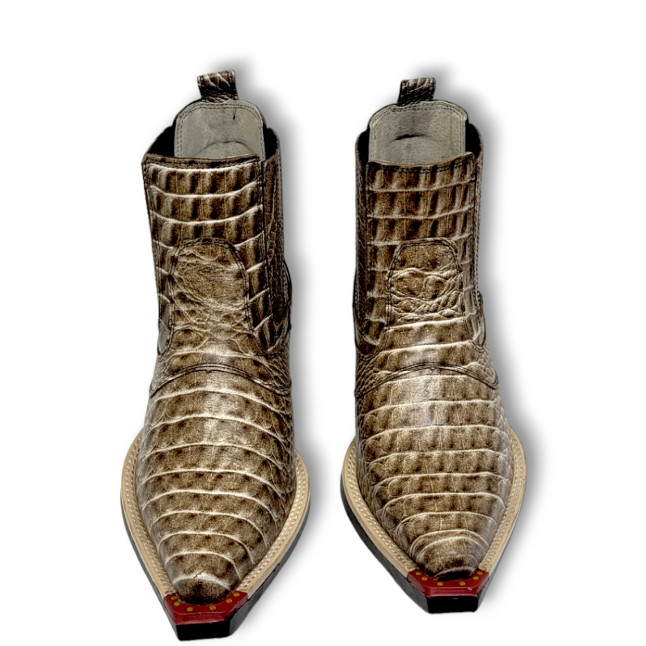 Bota Botina Masculina Texana Country Cano Curto Bico Fino em Couro Tipo Jacaré, Botina Croco Jacaré