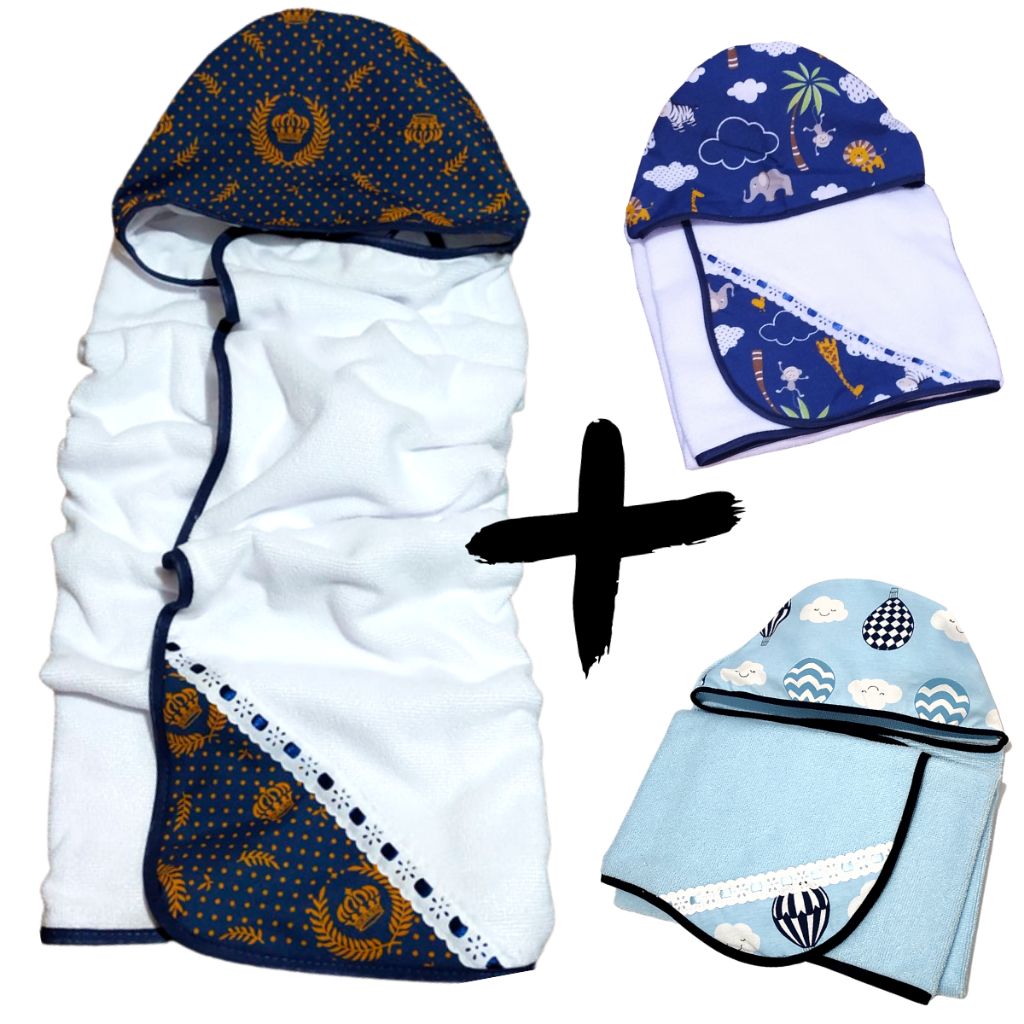 Kit com 3 Toalha De Banho Bebe Modelo Luxo Com Capuz Forrada Fralda 100% Algodão