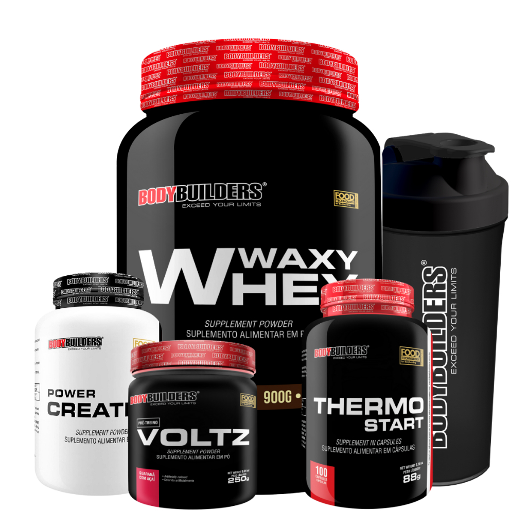 Kit Whey Protein Waxy Whey 900g + Power Creatina 100g + Thermo Start 100 Cáps + Voltz 250g + Coque - Bodybuilders