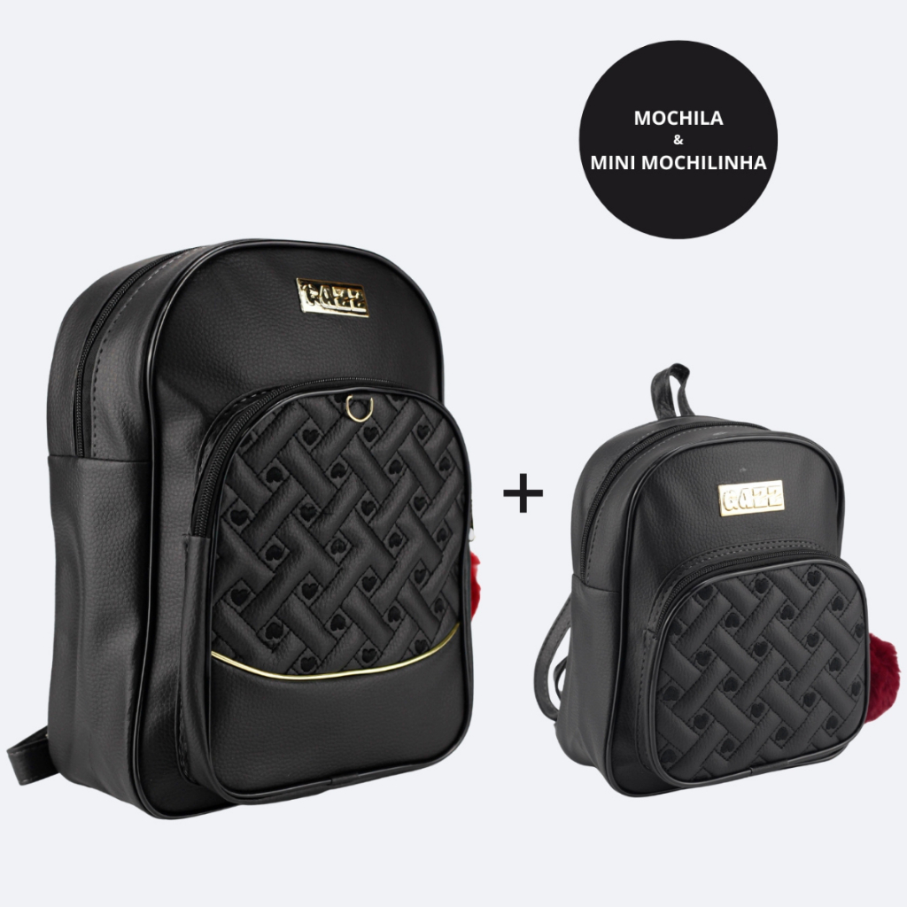 Kit C/ 2 Mochila Feminina Pequena e Mini Mochilinha Bolsa De Costas Desenho Coração Reforçada Escolar Faculdade Passeio