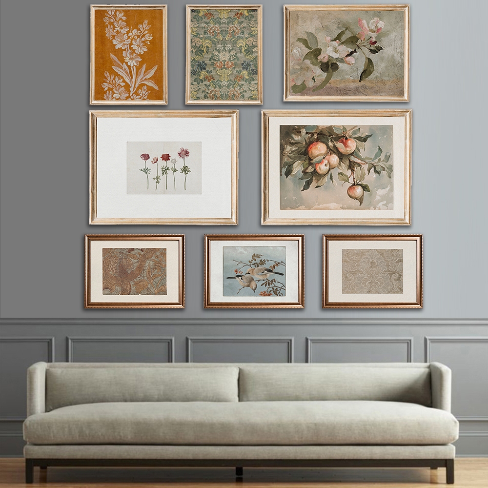 Quadro Impressão de arte vintage boho para cozinha decoração, laranja botânico tapete padrão, estampa de parede, primavera, flor de maçã, arte têxtil, queimado