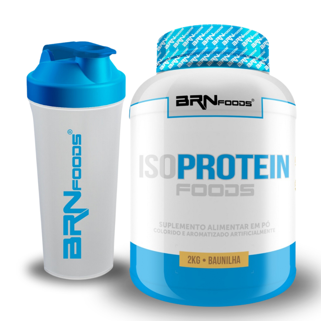 KIT Whey Protein Isolado Iso Protein Foods 2kg + Coqueteleira 600ml - BRN FOODS Kit para Aumento de Massa e Recuperação Muscular