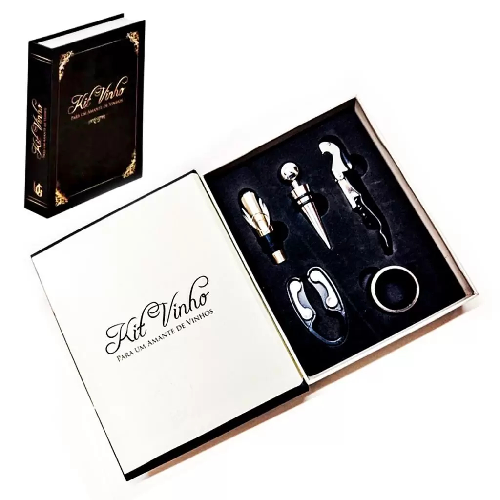 Kit Vinho Luxo Abridor Saca Rolhas Tampa Dosador Livro Canivete Corta