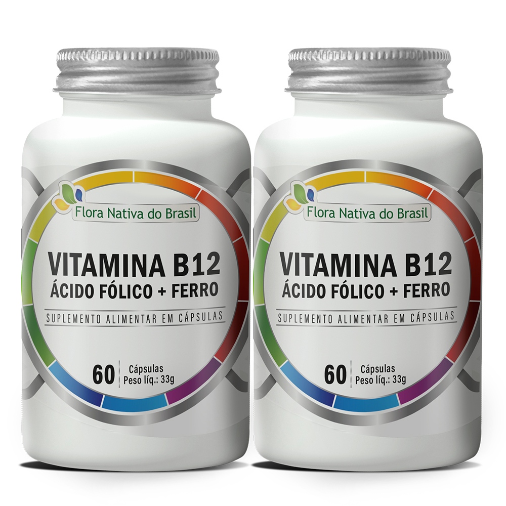 2x Ferro + Ácido Fólico + Vitamina B12 Metilcobalamina 100% Puro 120 Cápsulas 550mg - Flora Nativa do Brasil