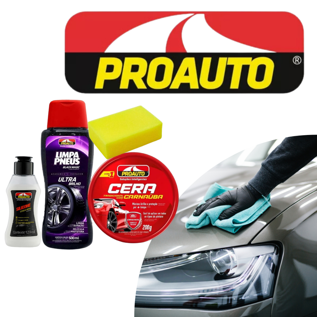 Kit de Limpeza Automotiva 3X1 Cera Limpa Pneus Silicone Toque Final Proauto em Oferta na Shopee