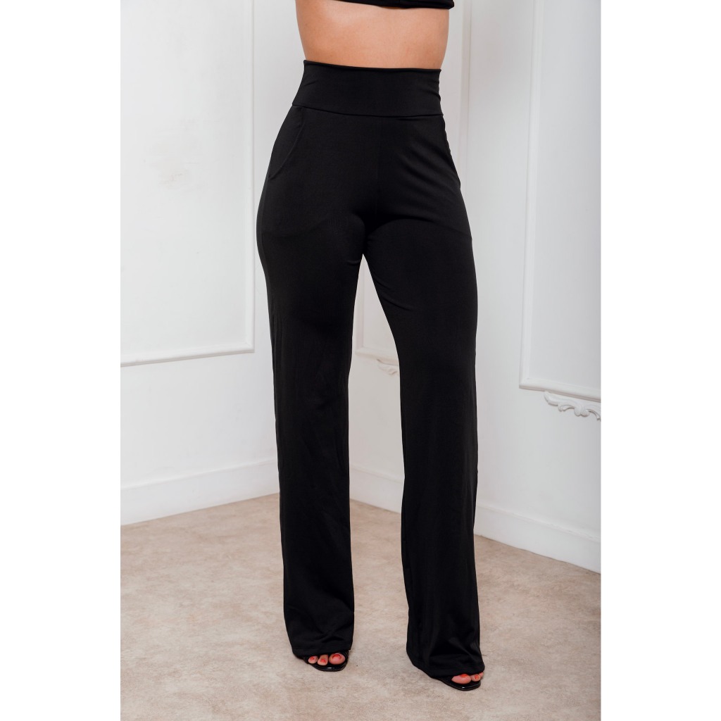 Calça Preta Feminina Suplex Zero Transparência Cintura Alta Bolsos Tamanho P M G GG Plus Slim