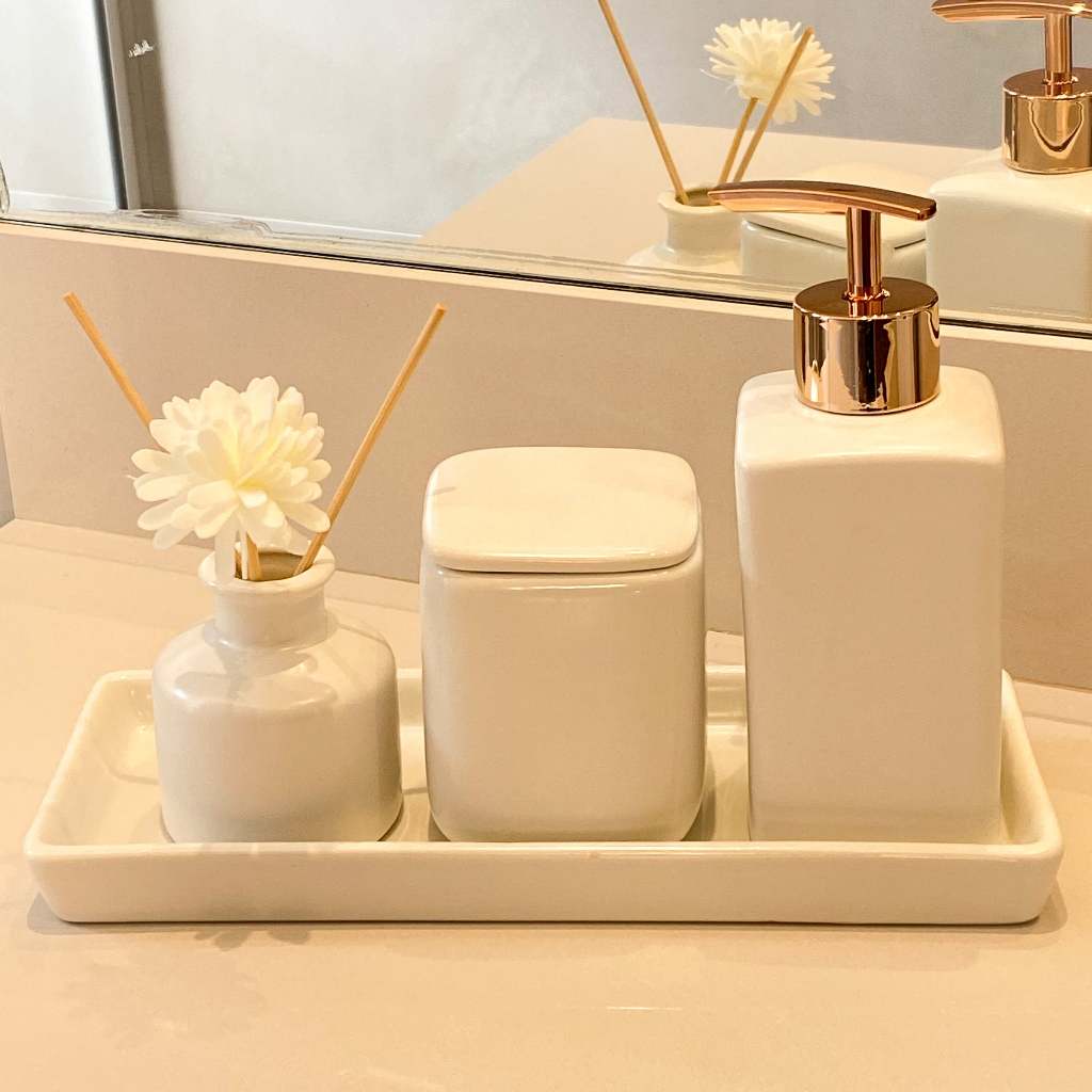 kit Jogo Banheiro Lavabo Porcelana Difusor Dispenser Sabonete Liquido Bandeja Kit 4 Peças Decoração