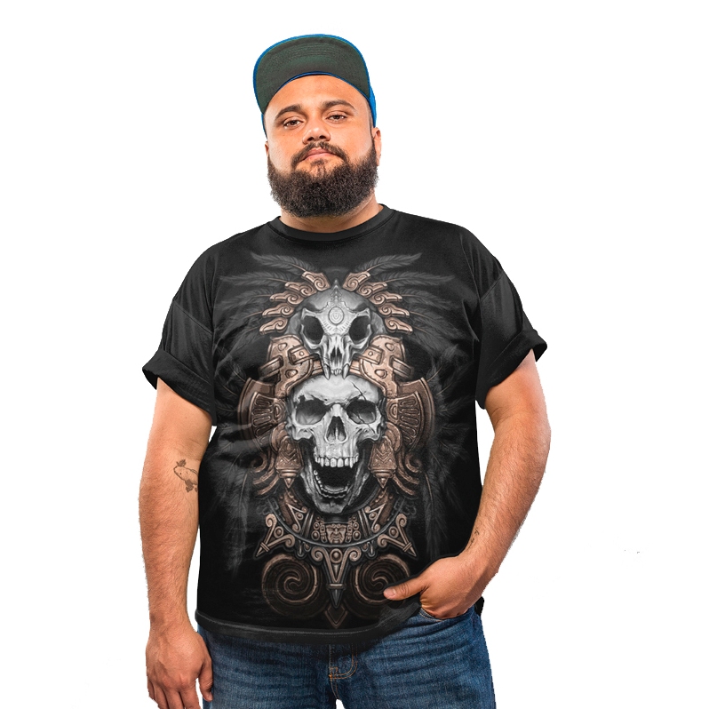 Camiseta Plus Size Caveira Indio Inca Maia Asteca Skull
