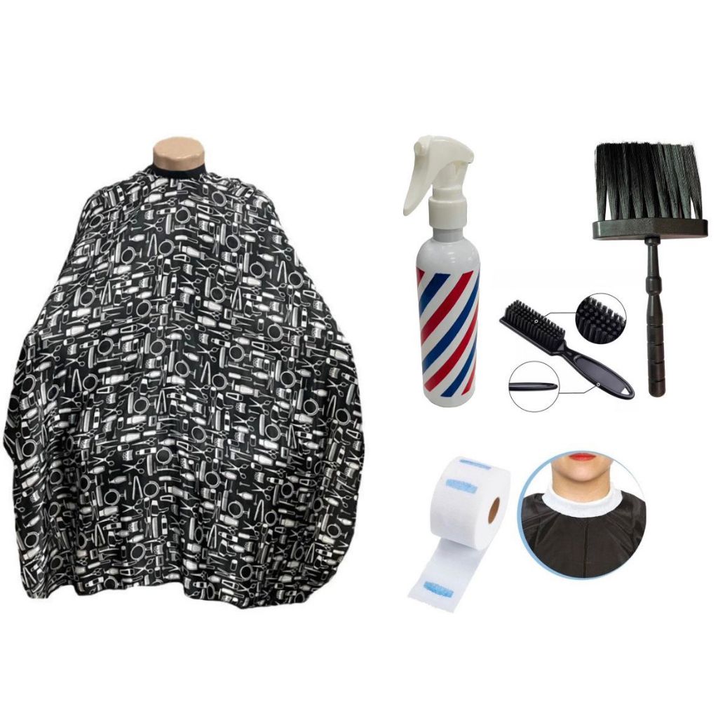 Kit Barbeiro Completo Capa De Corte Estampada Borrifador Escovinha 100 Golas KINDI