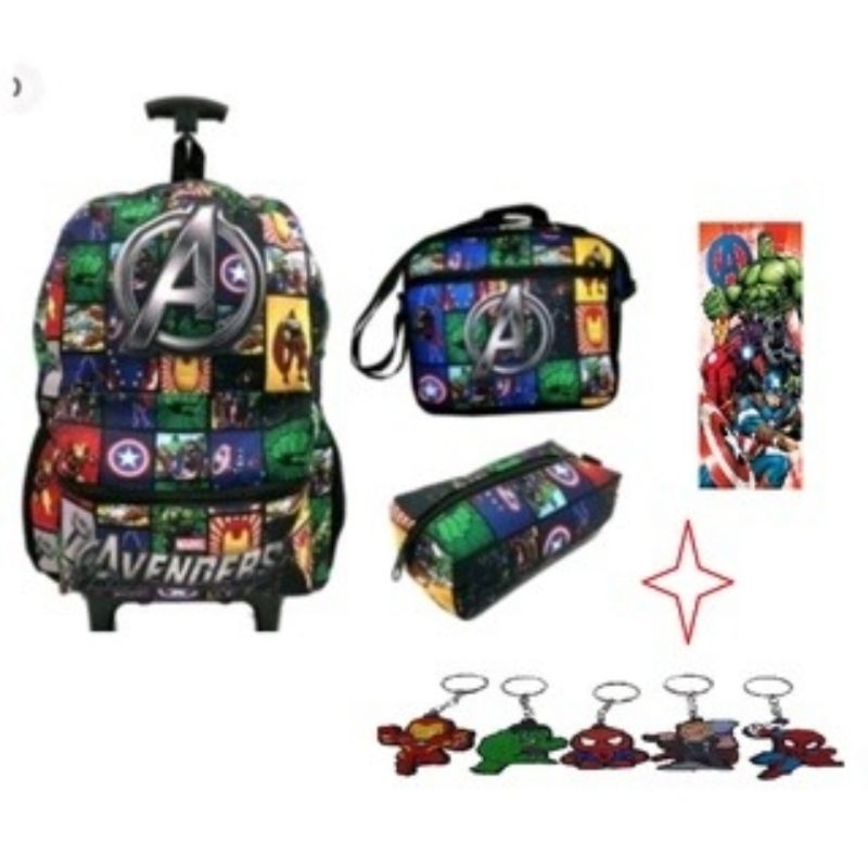 Kit Mochila Vingadores Advangers Escolar Rodinha  Lancheira e Estojo + toalha em Oferta na Shopee