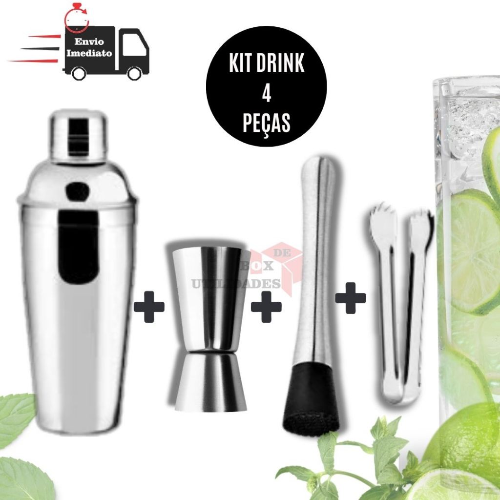 Kit Bar 4 Peças Coqueteleira Inox 500ml Dosador 30/60ml Pegador Gelo Socador Profissional