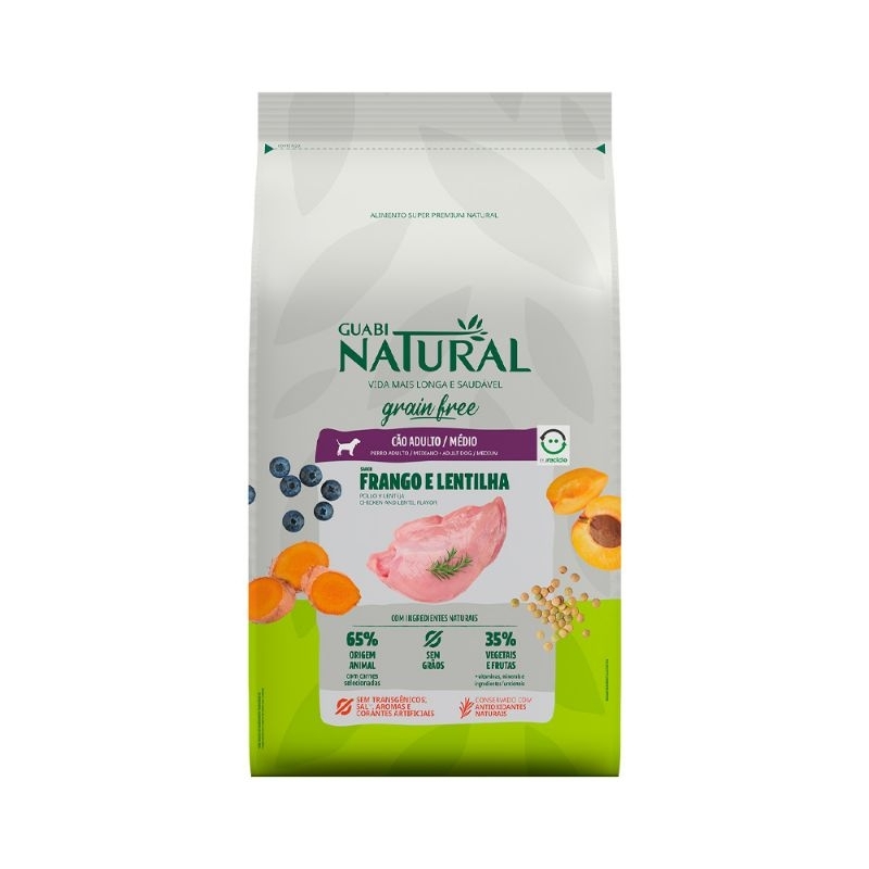 Guabi Natural Grain Free 12kg Cães Adultos Porte Médio Sabor Frango e Lentilha Ração