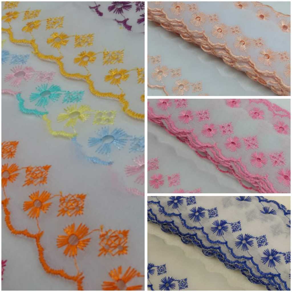 Bordado Inglês renda / Tira bordada / PEÇA COM 13.70 METROS / Lese Renda Bicolor 5cm em Oferta na Shopee