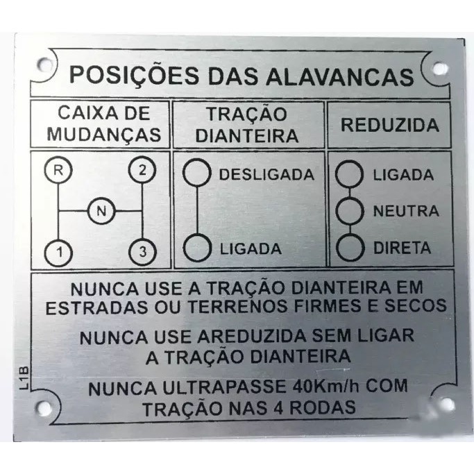 Plaqueta Inox Identificação 3 Marchas Alto Relevo Jeep Willys Cj5