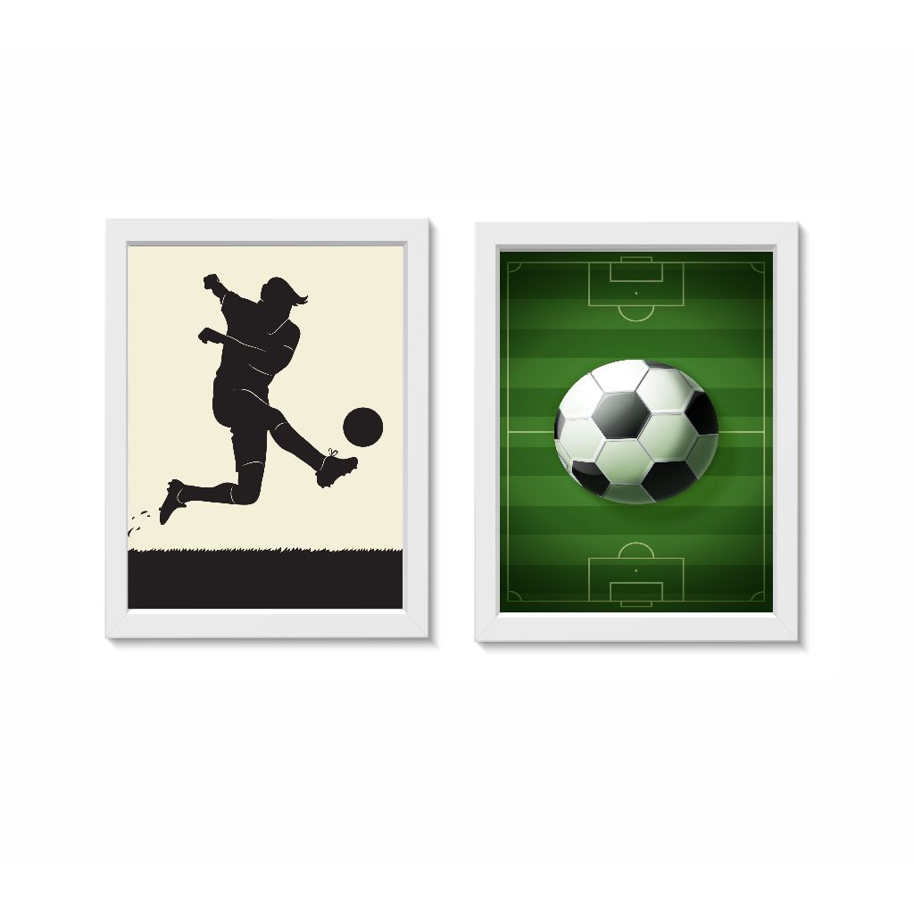 Kit 2 Quadros Decorativos Futebol Bola Chuteira Jogadores Decoração Futebol Molduras 20x30cm Madeira