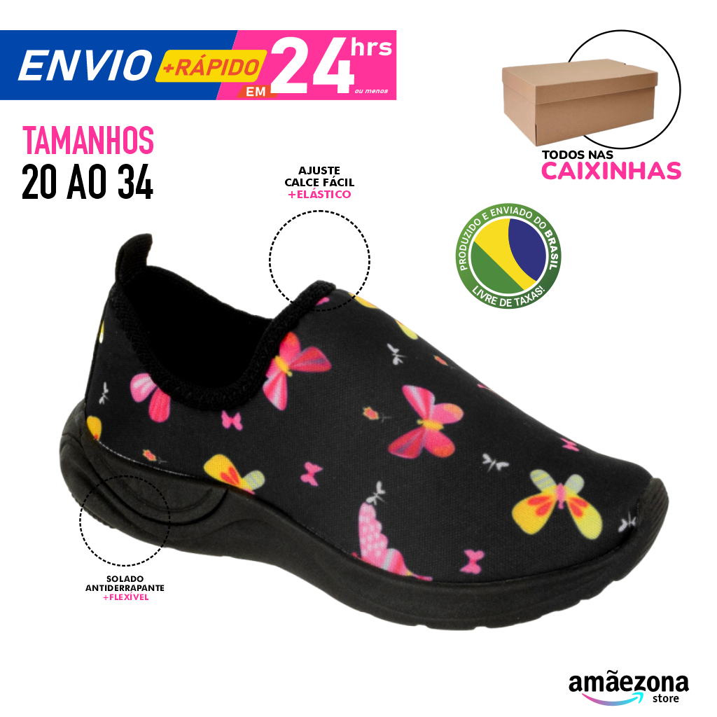 Tênis menina feminino estampado estampa borboleta preto sola preta solado escuro antiderrapante sem cadarço confortável leve macio calce fácil de enfiar o pé