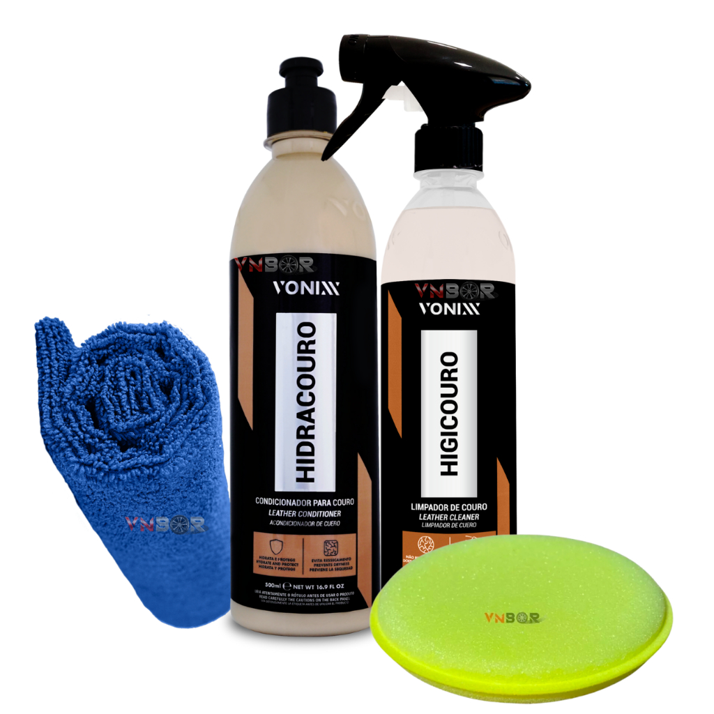 Kit Limpeza de Couro HIDRACOURO + HIGICOURO 500ml VONIXX Hidratante Higienizador Limpador Limpa Protege Protecao Couros Couro Sapato Bolsa Banco Sofa Courino