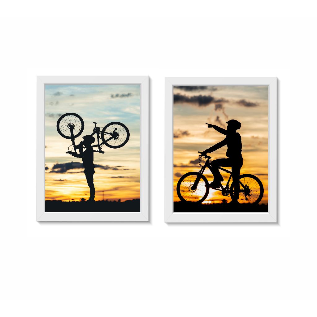 Kit 2 Quadros Decorativos Bike Bicicleta Ciclismo Decoração Esporte Casa Quarto Molduras 20x30cm Madeira