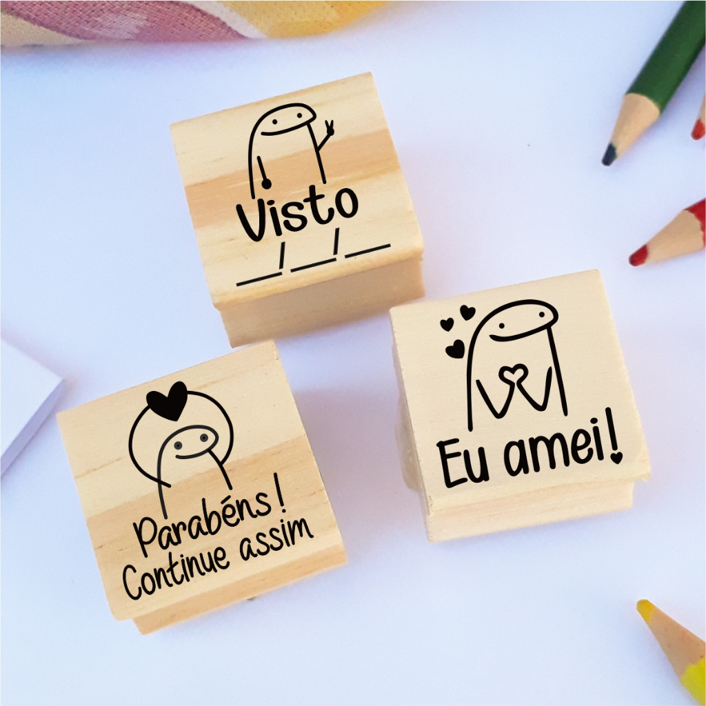Kit 3 Carimbos Pedagógicos FLORK 3x3cm Madeira Bento Meme Professor Escola Incentivo Carimbo Artesanal Infantil em Oferta na Shopee