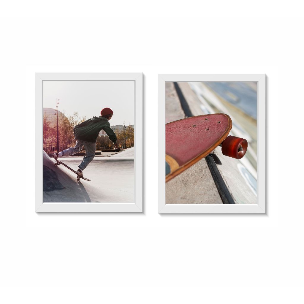 Kit 2 Quadros Decorativos Skate Skatista Pista de Skate Decoração Esporte Casa Quarto Molduras  20x30cm Madeira