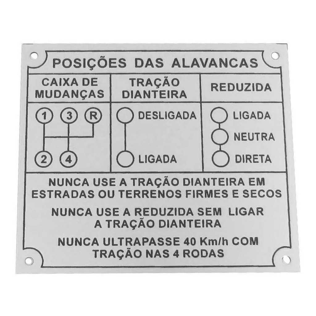 Plaqueta Inox Identificação 4 Marchas Alto Relevo Jeep Willys Cj5