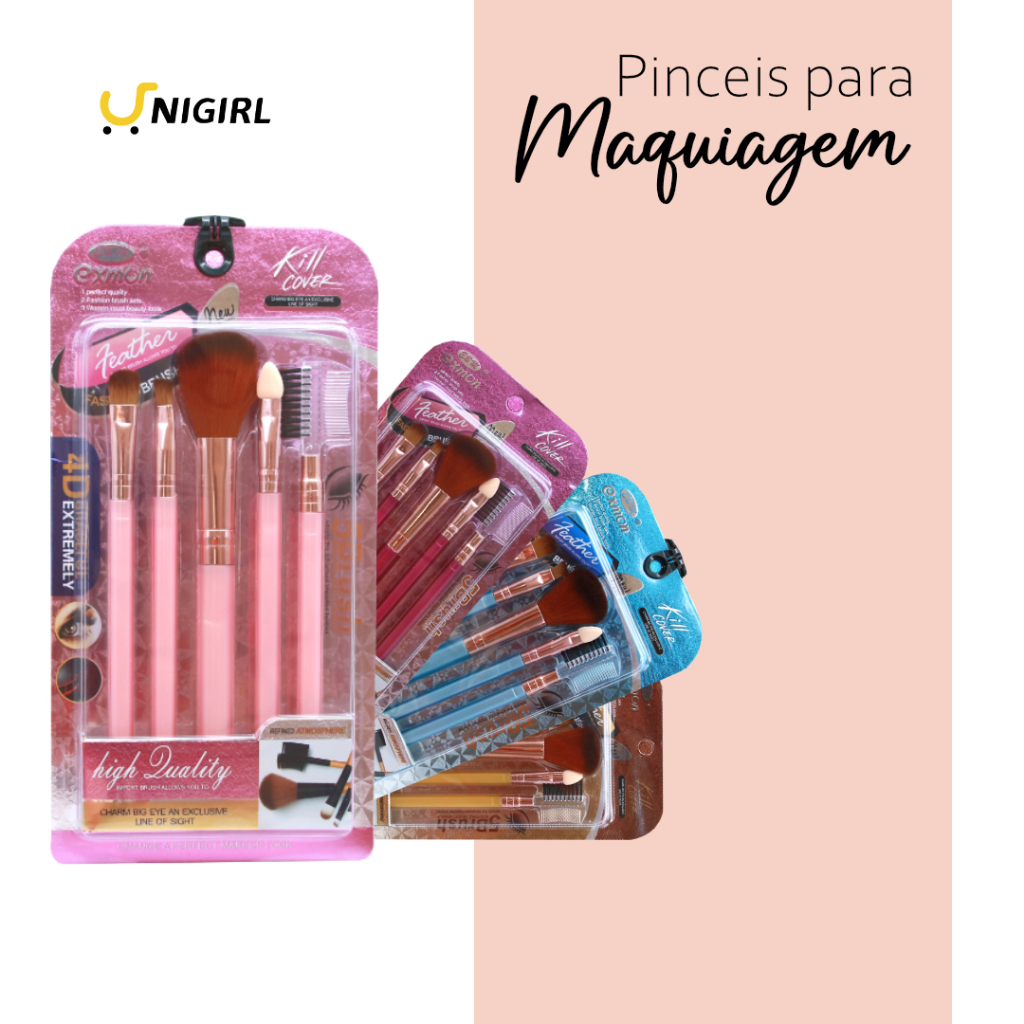 kit com 5 pincéis essenciais para sombra, delineador, blush * Nome do Produtoe pó, esponja para sombra e pente de sobrancelha