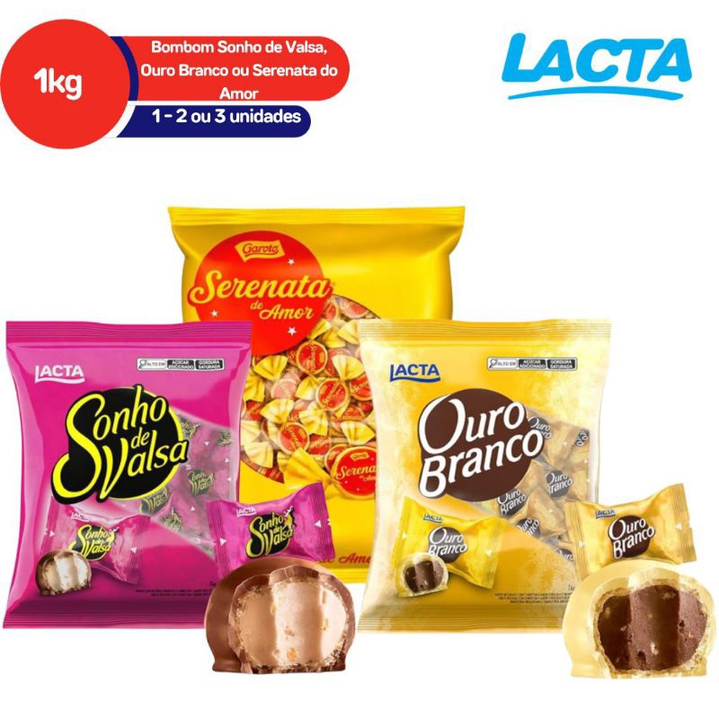 Chocolate Bombom Kit Sonho de Valsa 1kg | Ouro Branco 1Kg | Serenata do Amor 825g - LACTA