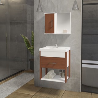 Conjunto gabinete banheiro MDF Rubi 50cm com cuba e espelheira