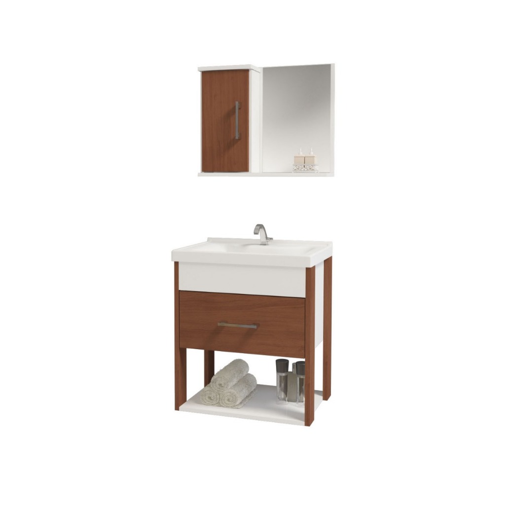 Detalhes do Conjunto gabinete banheiro MDF Rubi 50cm com cuba e espelheira