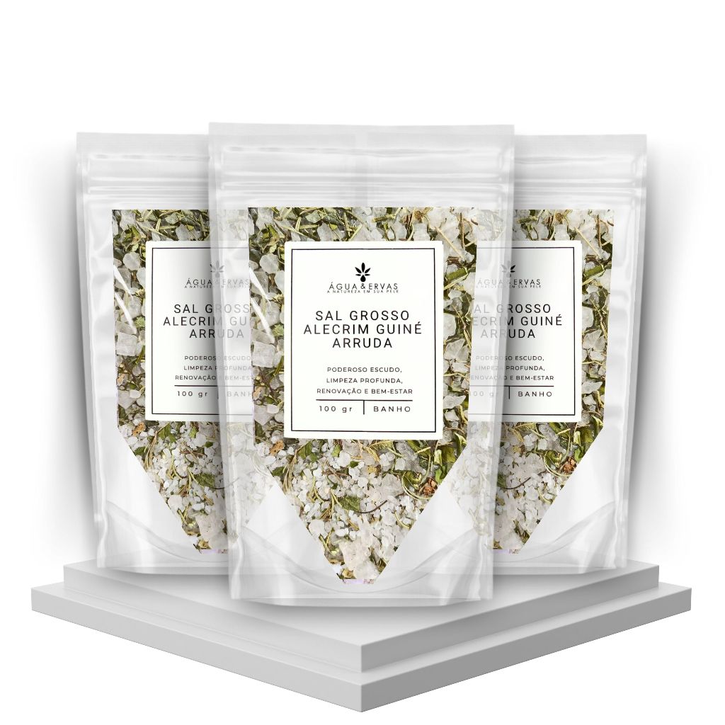 Banho de Descarrego de Sal Grosso com Alecrim Guiné e Arruda | Proteção - Kit com 3