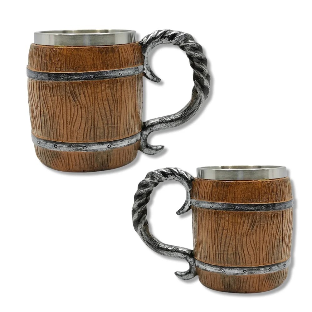 Caneca Barril Medieval Viking Resina Inox 400ml Chopp Vinho