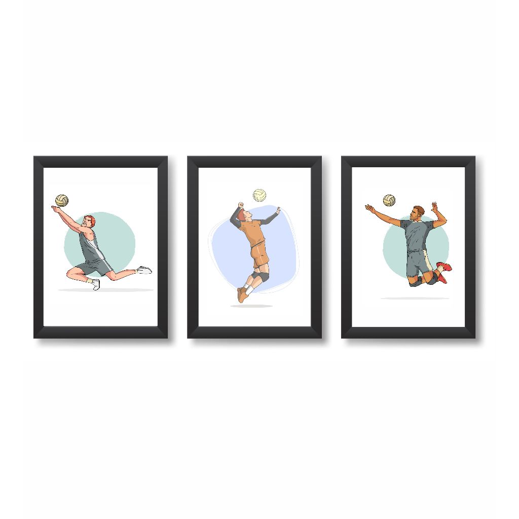 Kit 3 Quadros Decorativos Volei Masculino Decoração Esporte Molduras 20x30cm Madeira Vidro Preta