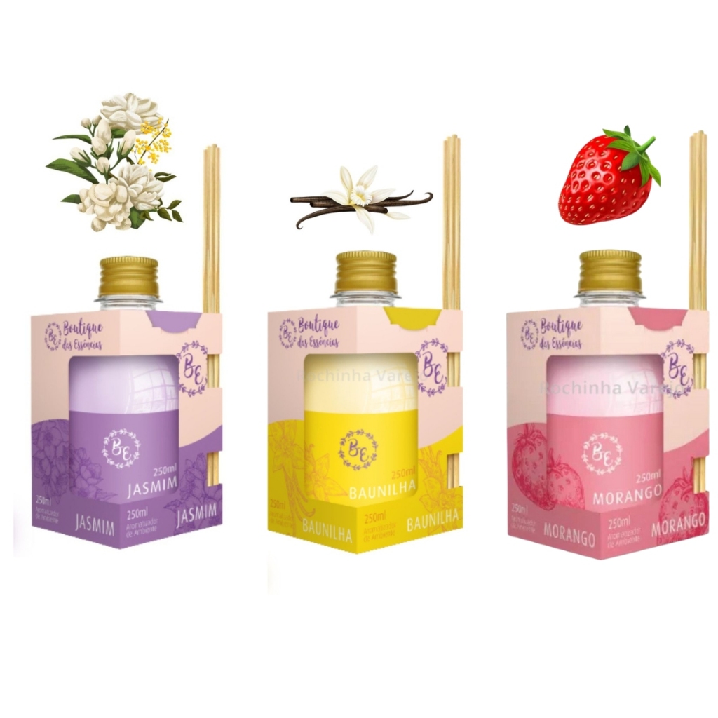 Kit 3 Difusor de Ambiente Aromatizador Jasmim, Baunilha e Morango com 4 Varetas cada e 250ml cada em Oferta na Shopee