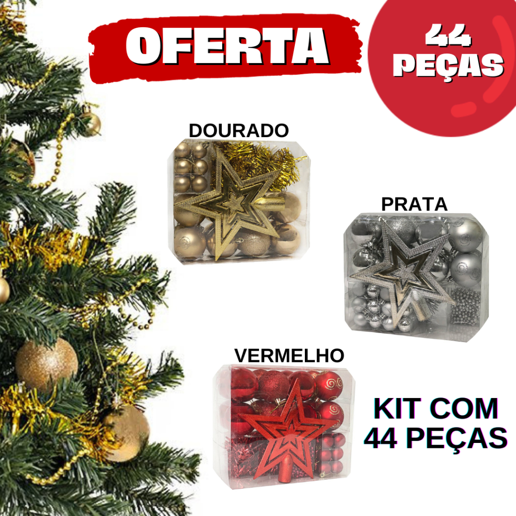 Kit com 44 Peças Enfeite Natalino para Árvore de Natal com Estrela, Bolinhas, Festão e Cordão de Pérolas