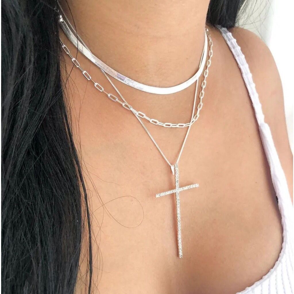 Colar Corrente de Crucifixo Cruz Cravejado - Folheado a Ouro 18k