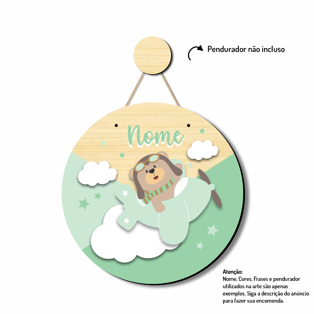 Placa Enfeite Porta Maternidade Ursinho Aviador Verde com NOME PERSONALIZADO Decoração Bebê