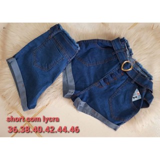 Short Jeans lycra feminina cintura alta botão encapado cinto