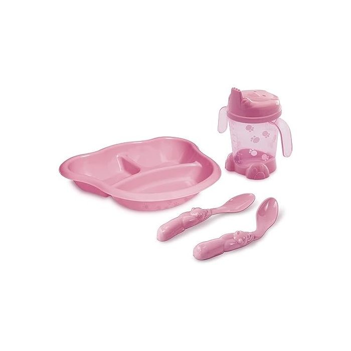 Kit Alimentação Prato com Divisórias, Porta-Suco e Colheres, Adoleta Bebê, Rosa 4 peças