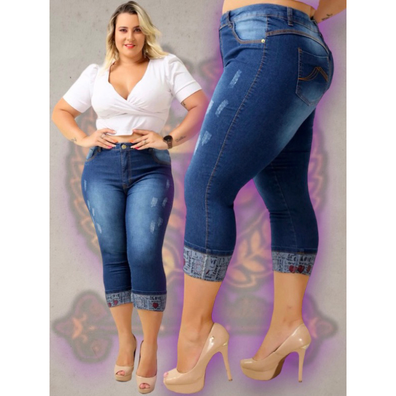 calça jeans capri feminina barra love plus size com lycra wissam jeans