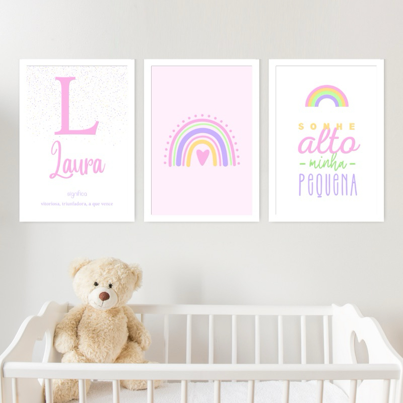 Kit 3 Quadros Decorativos Infantil Personalizado Nome Bebê Para Quarto Ou Porta Maternidade Arco -Íris Sonhe Alto